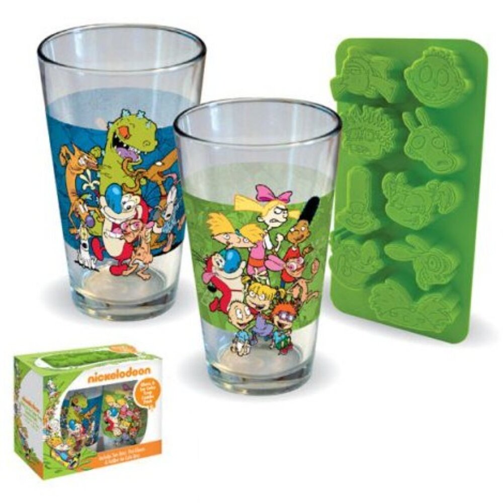 New! Nickelodeon Cartoons Pint Glass Set of 2 + Ice Cube Tray Rugrats